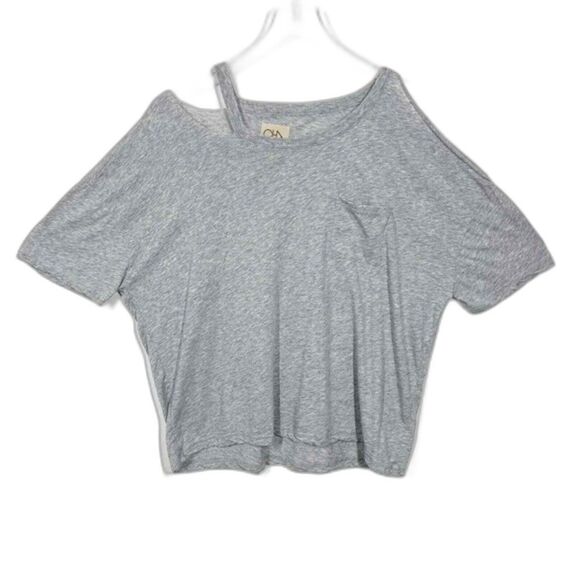 Chaser Women's Size Medium Boxy Deconstructed Grey Cut Out Tee with Pocket - Picture 2 of 9